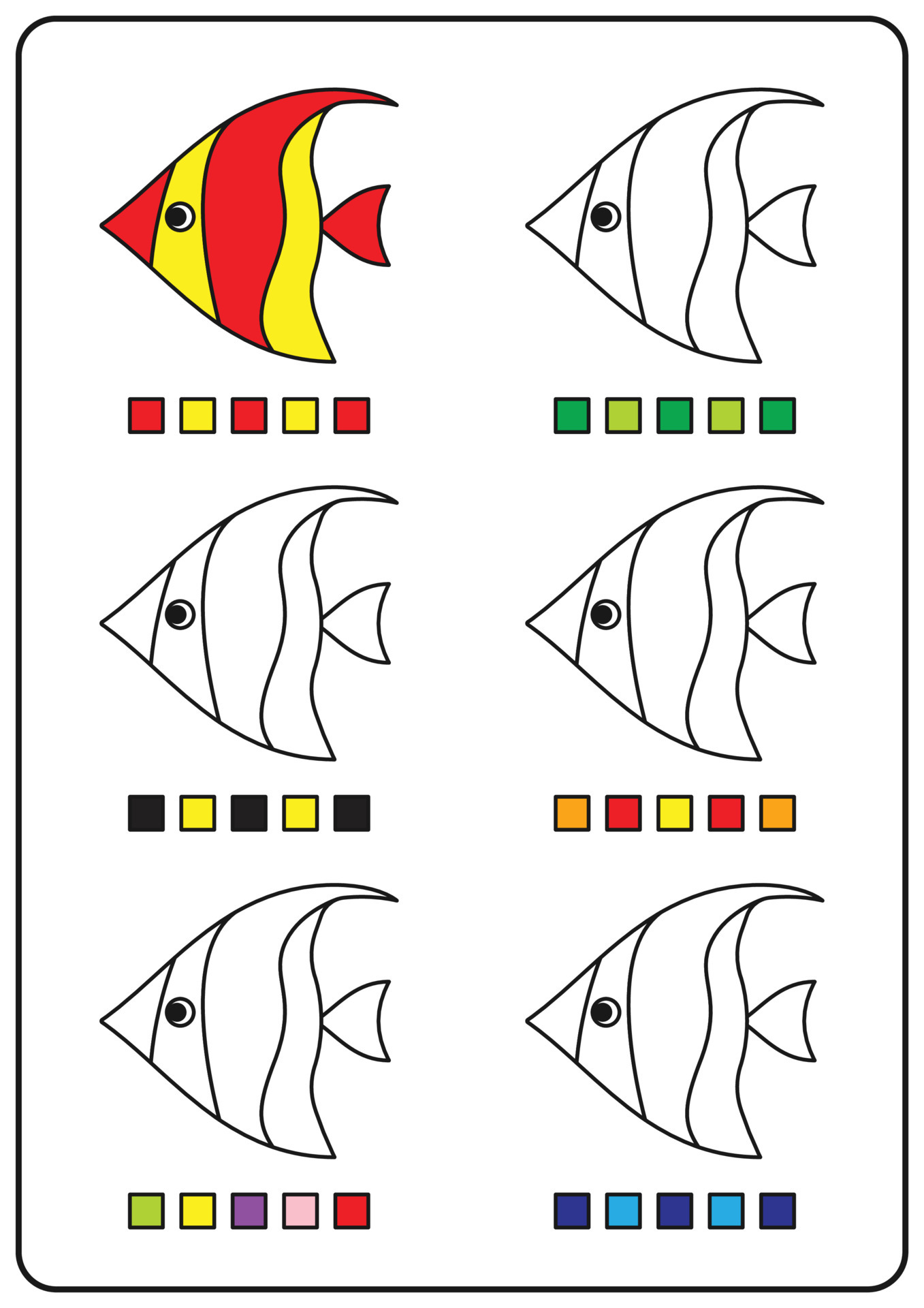 páginas para colorir instrutivas, jogos educativos para crianças,  atividades pré-escolares, planilhas para impressão. ilustração vetorial  simples dos desenhos animados de objetos coloridos para aprender as cores.  peixes para colorir. 6187398 Vetor no